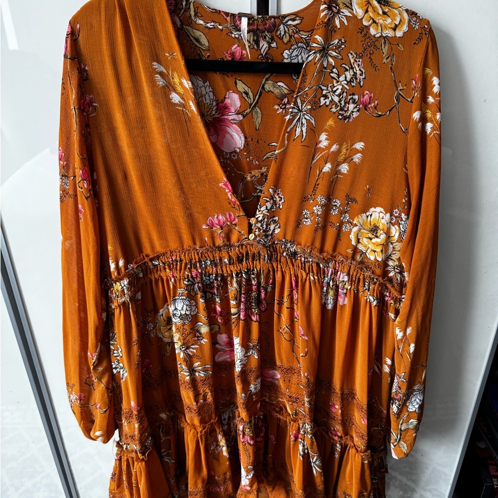 Free People | Cherry Blossom Tiered Mini Dress, Orange | Size Small - Picture 3 of 12